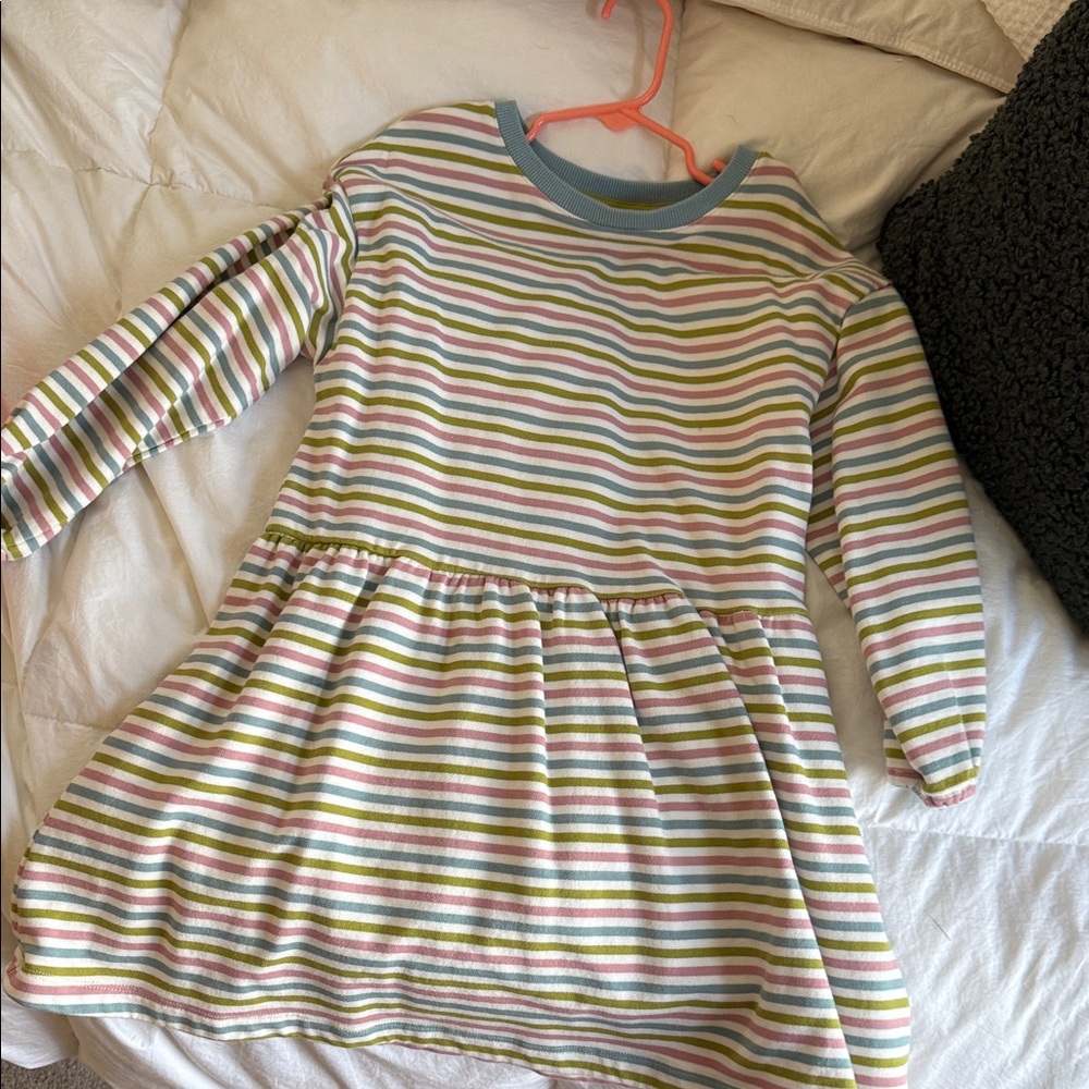 Mini Boden Striped Long Sleeve Cotton Dress in Pastel Rainbow